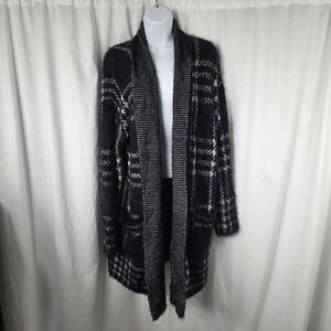 Black Tape Cardigan Sweater Womens XL Black Plaid Fuzzy Open Front Pockets Knit